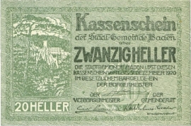 Austria - Emergency issues - Baden 20 Heller 1-31 Dezember 1920 UNC