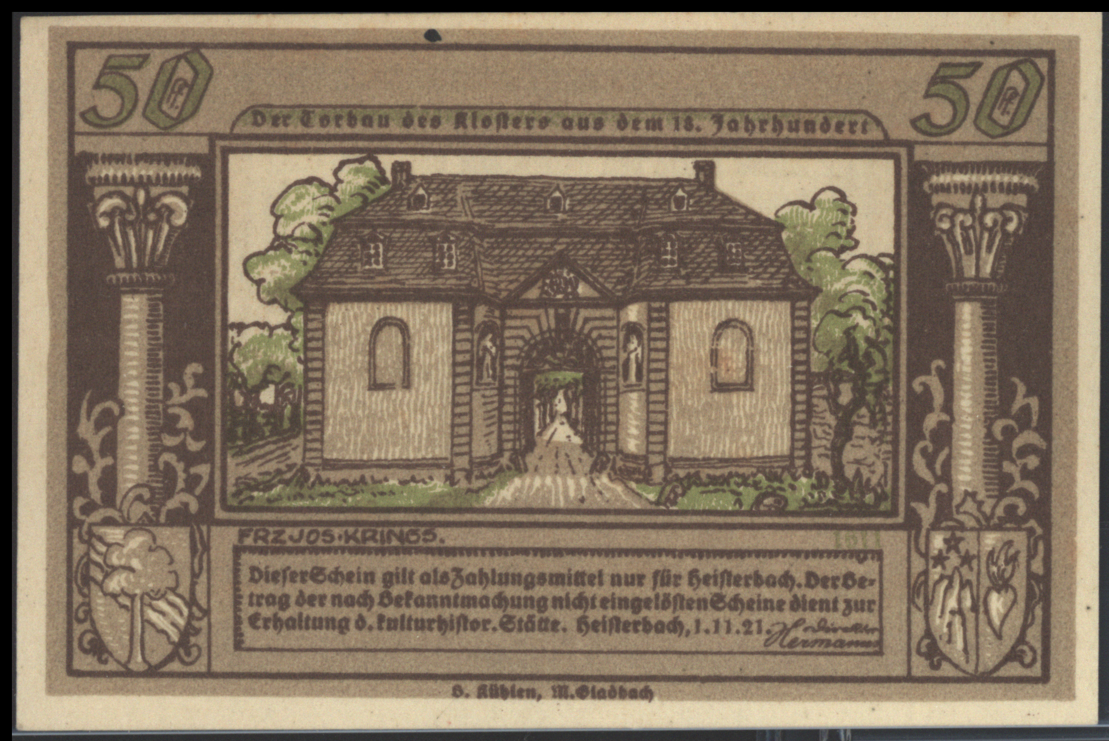 Duitsland - Noodgeld - Heisterbach - (Rhl/NW) Direktor Hermanns Grab/Mehl.:593.2.1 50 Pfennig 1921