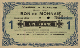 België - Noodgeld - Blandain .u 1 Franc 1914