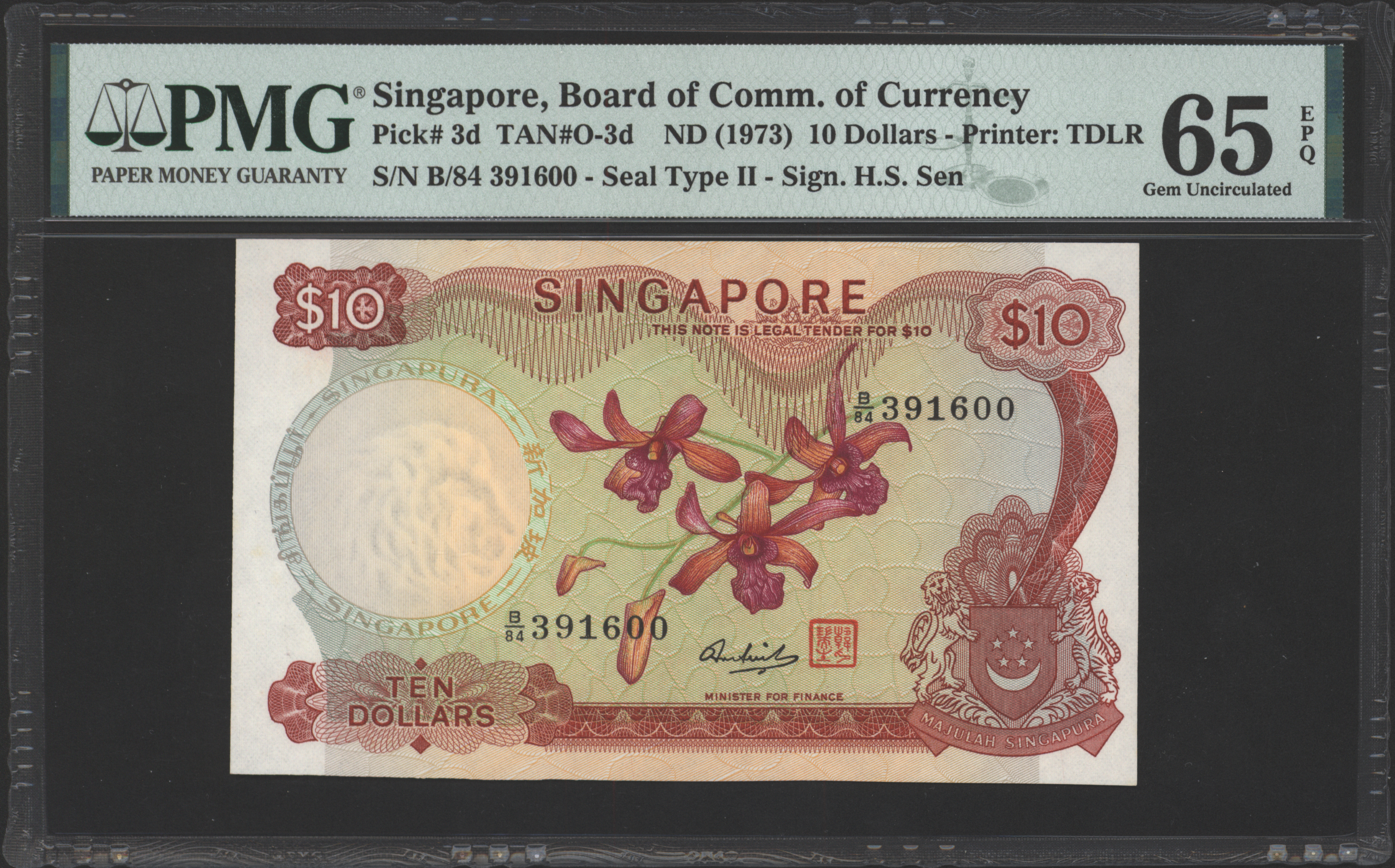 Singapore   P3.d 10 Dollar 1973 PMG65 EPQ Gem UNC