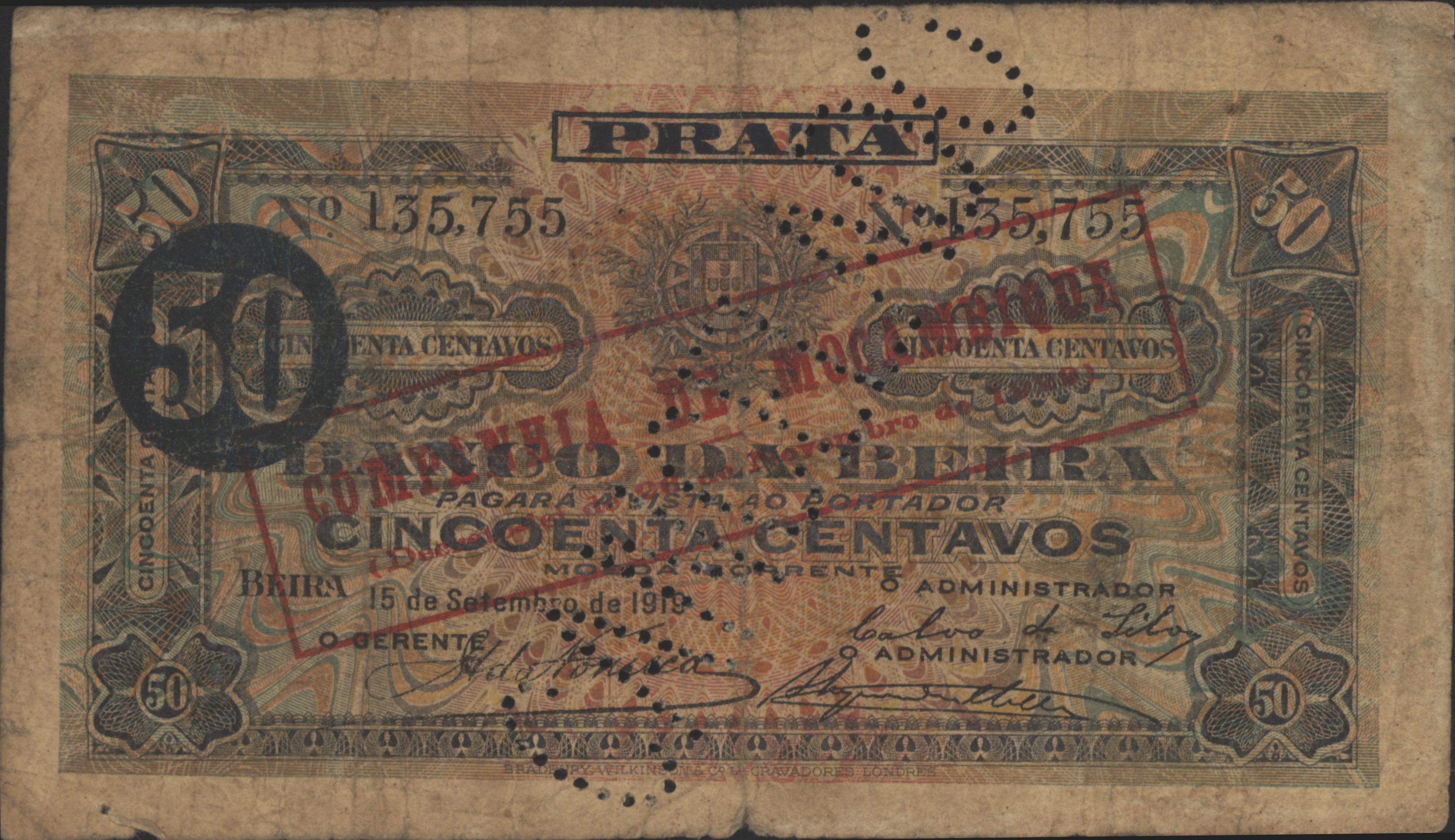 Moçambique  PR17.b 50 Centavos 1919 GEANNULEERD
