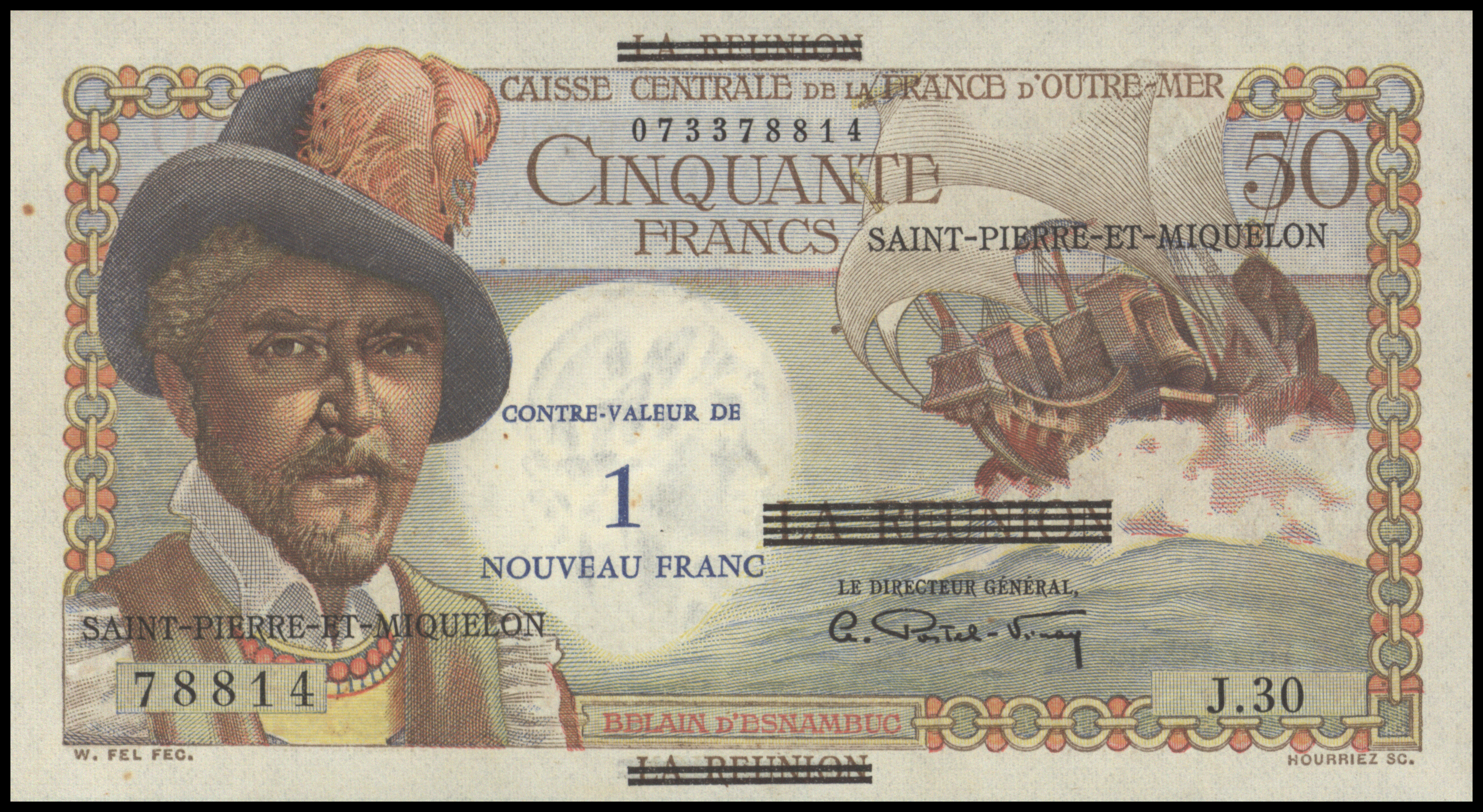 St. Pierre en Miquelon  P30.b 1 nouveau Franc on 50 Francs 1960 (No date)