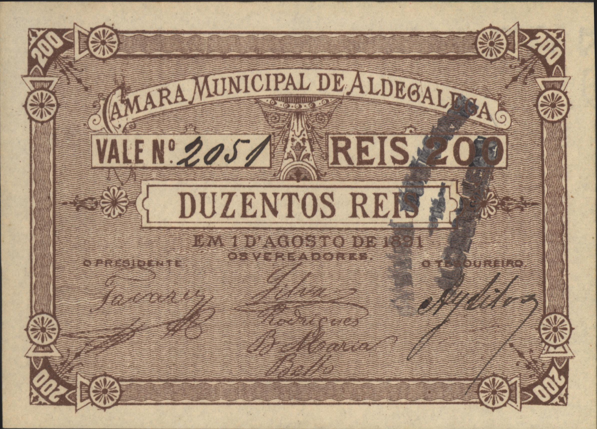 Portugal - - Amara Municipal e Aldegalega CMA394 200 Réis 1891 GEANNULEERD
