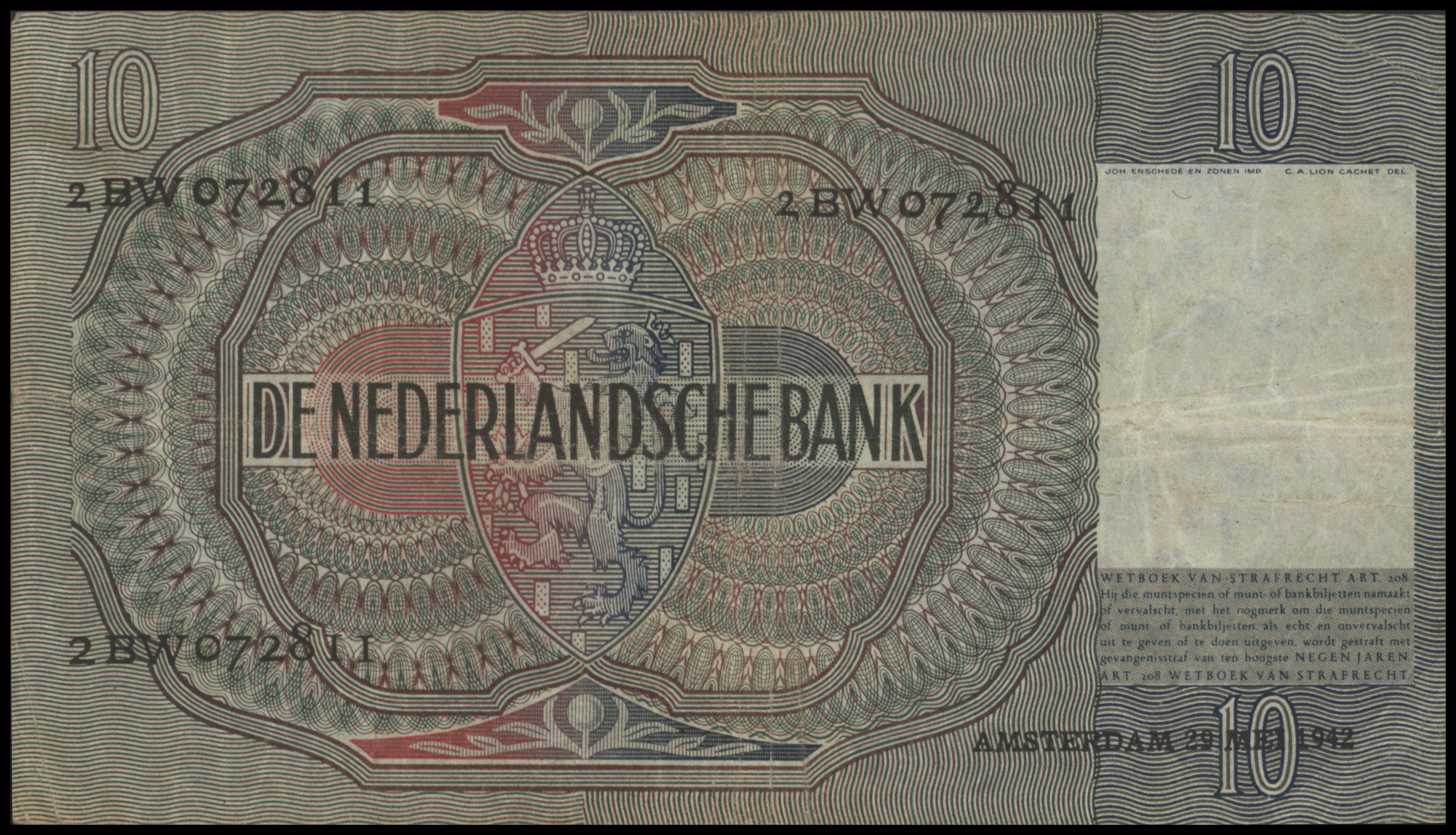 Netherlands  PL38.b 10 Gulden 1942
