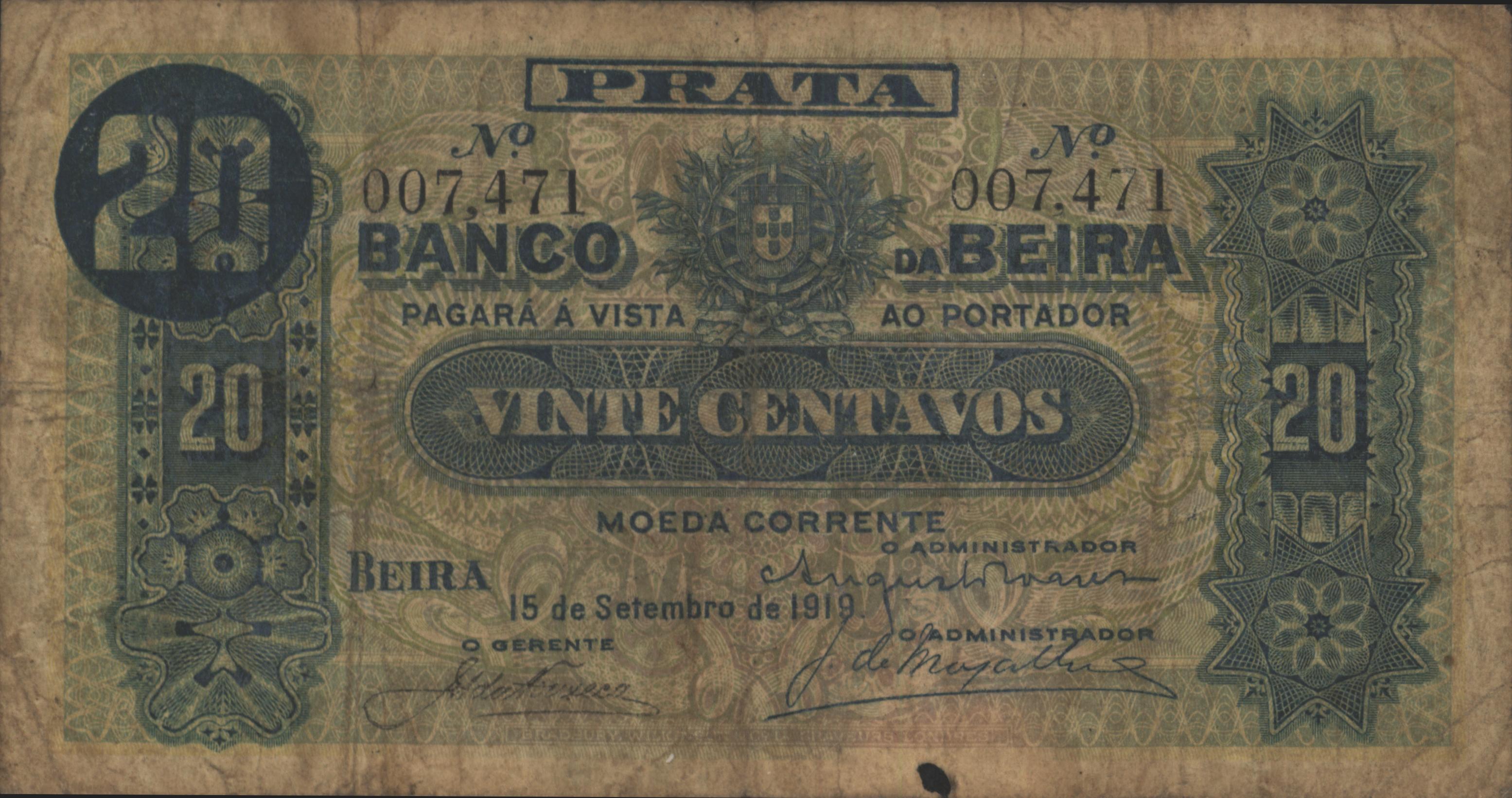 Moçambique - BANCO DA BEIRA   PR2.a 20 Centavos 1919
