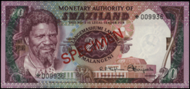 Swaziland   P5.a.PCS1 20 Emalangeni 1978 (No date) SPECIMEN