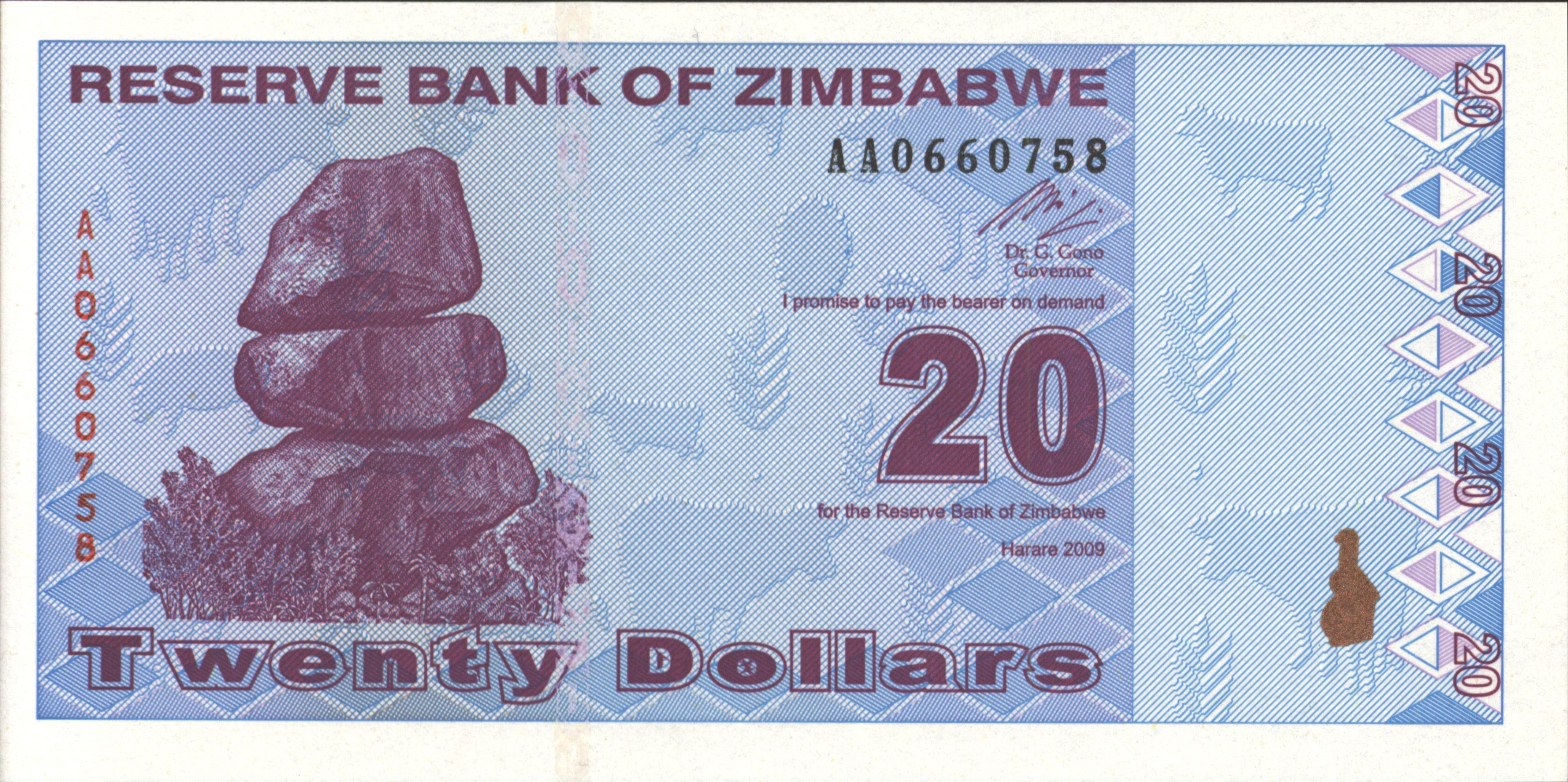 Zimbabwe - 2009 Issues.  P95 20 Dollars 2009