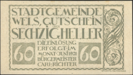 Oostenrijk - Noodgeld - Wels KK. 1167.III.d 60 Heller 1920 (No date)