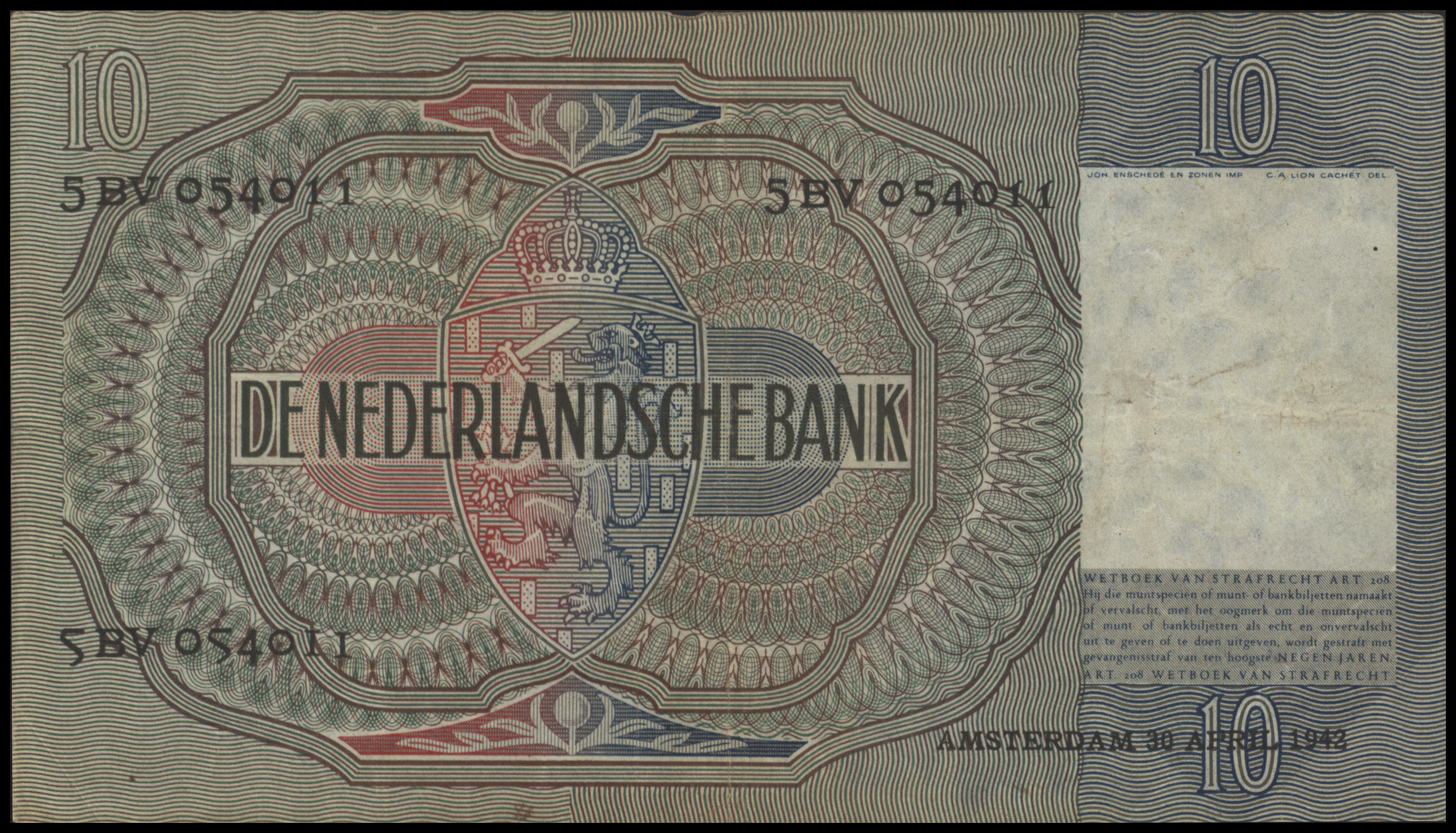 Netherlands  PL38.b 10 Gulden 1942