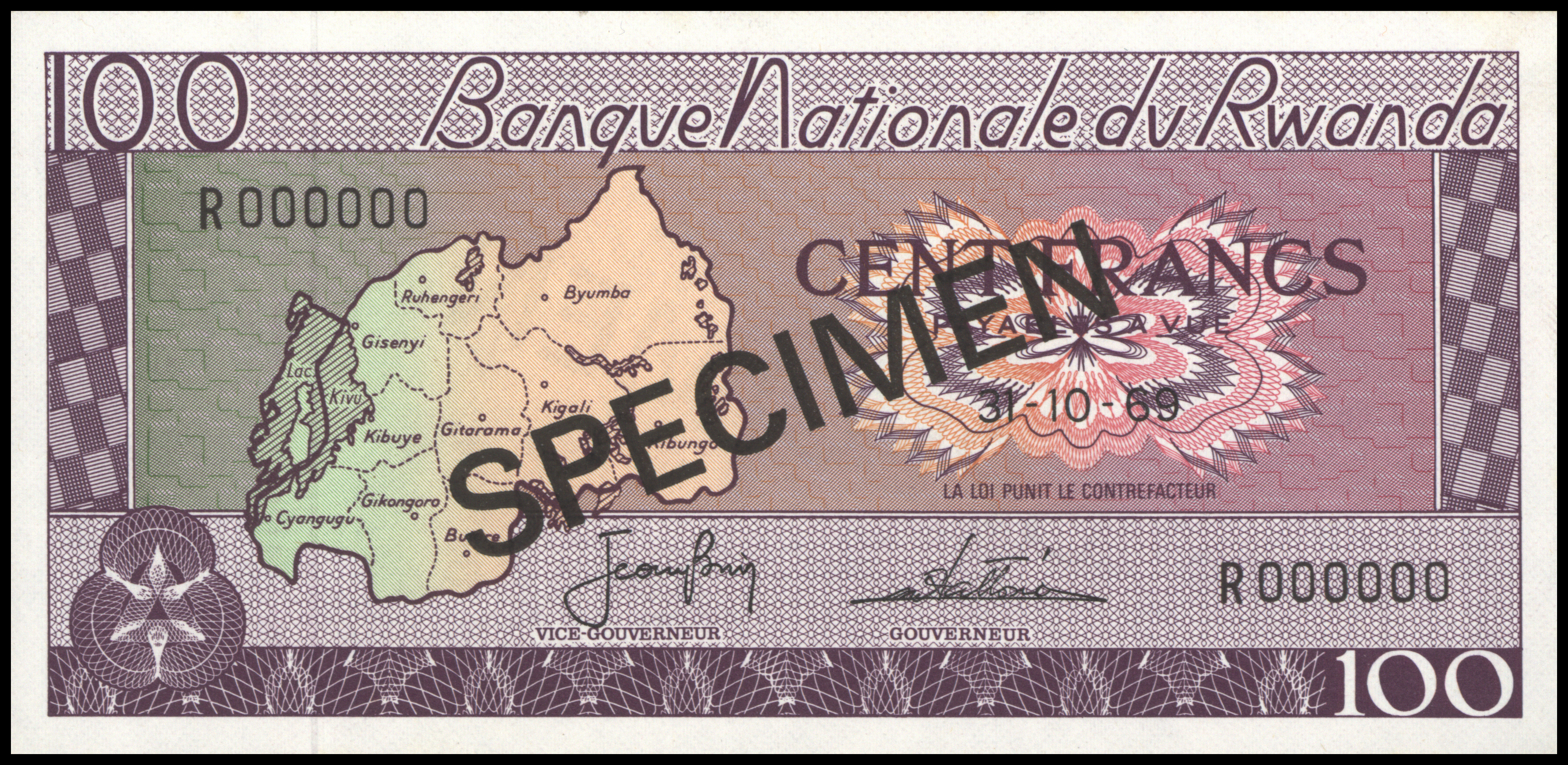 Rwanda   P8.s1 100 Francs 1969 SPECIMEN