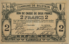 Belgium - Emergency issues - Bilstain  2 Francs 1915