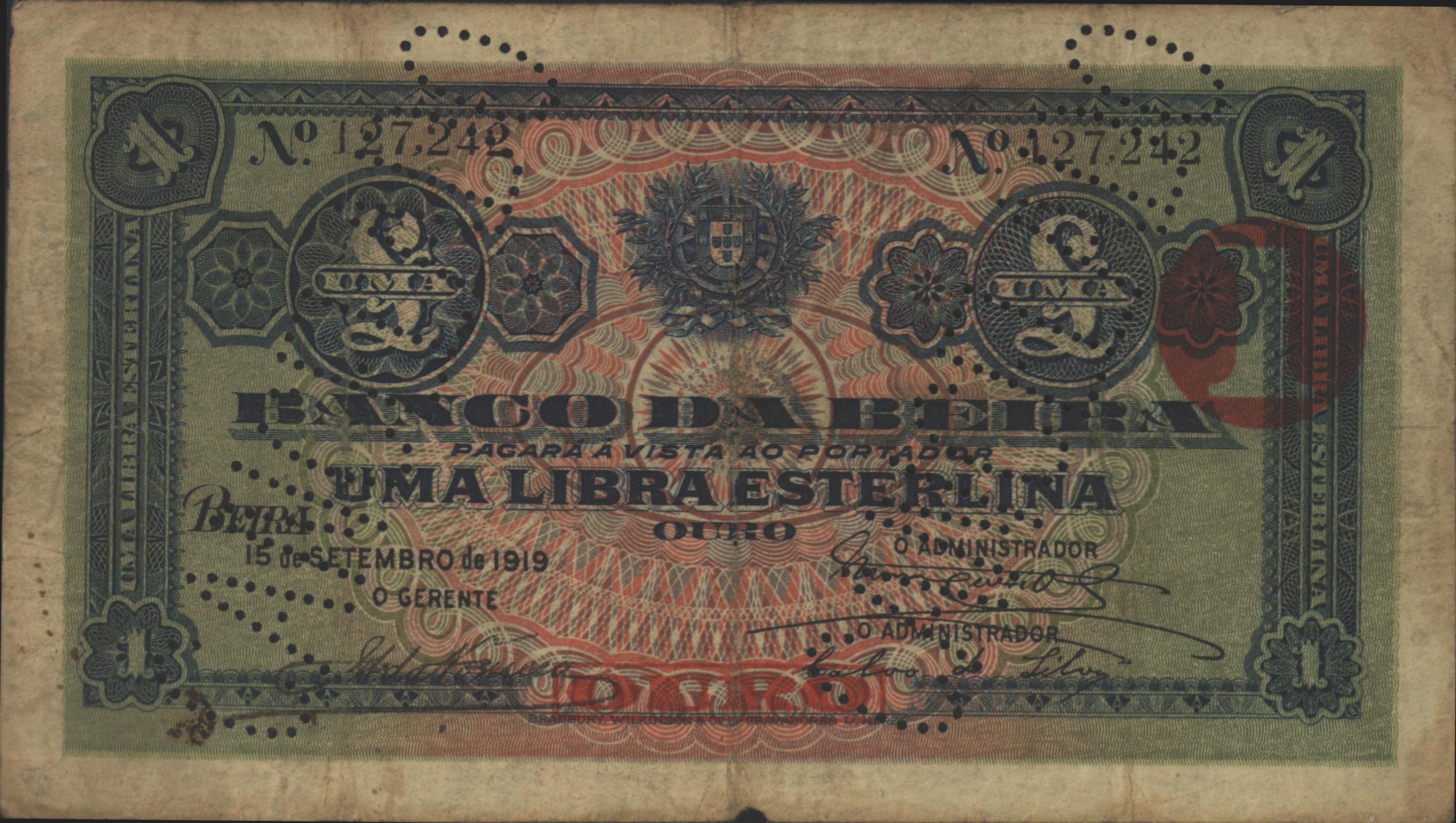 Moçambique - COMPANHIA DE MOÇAMBIQUE, BEIRA   PR7 1 Libra 1919 GEANNULEERD