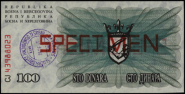 Bosnië-Herzegovina  P13.s 100 Dinara 1992 SPECIMEN