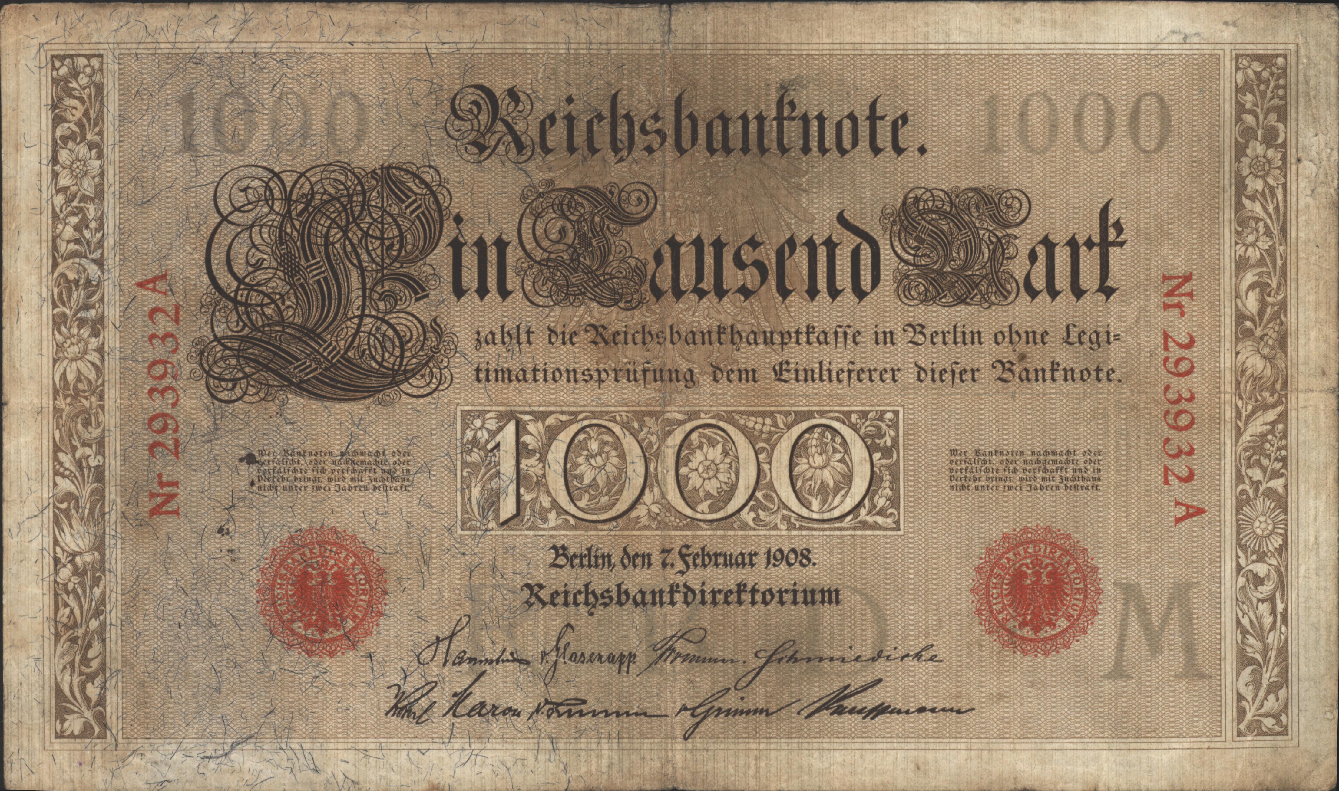 Duitsland - Reichsbank 1876-1918  P36.M: A 1.000 Mark 1908