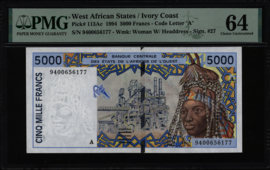 West African States - Ivory coast P113A.c 5,000 Francs 1994