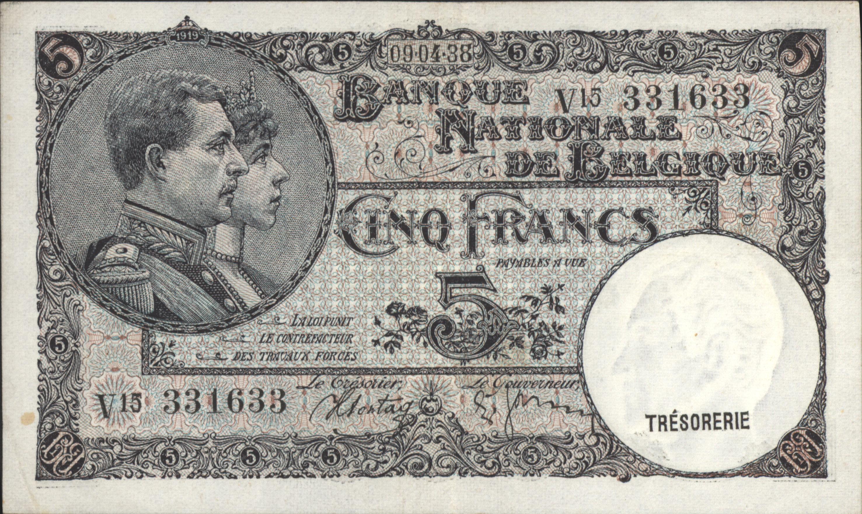 Belgium P108.a 5 Francs 1938