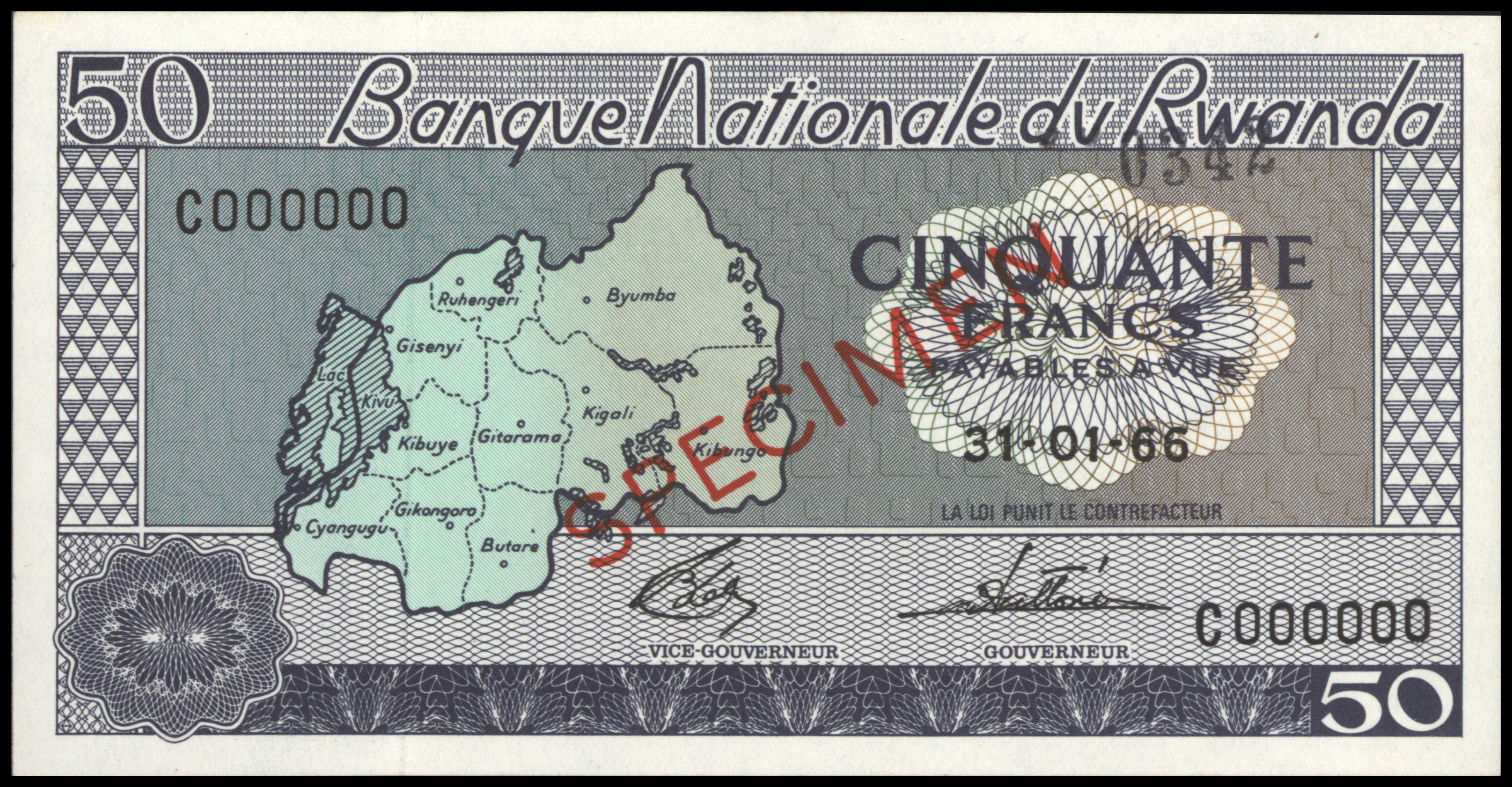 Rwanda   P7.s1 50 Francs 1966 SPECIMEN