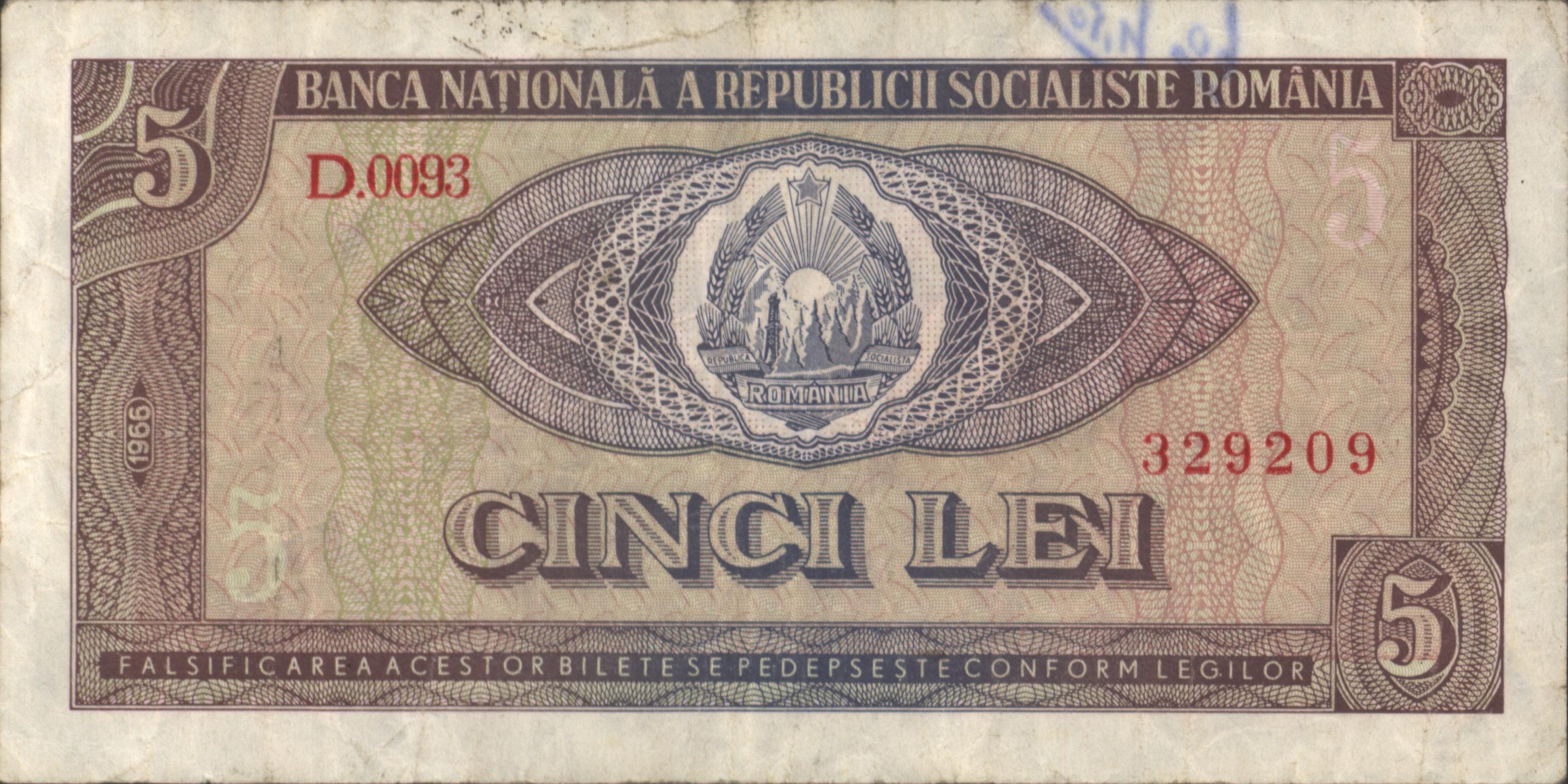 Romania  P93 5 Lei 1966