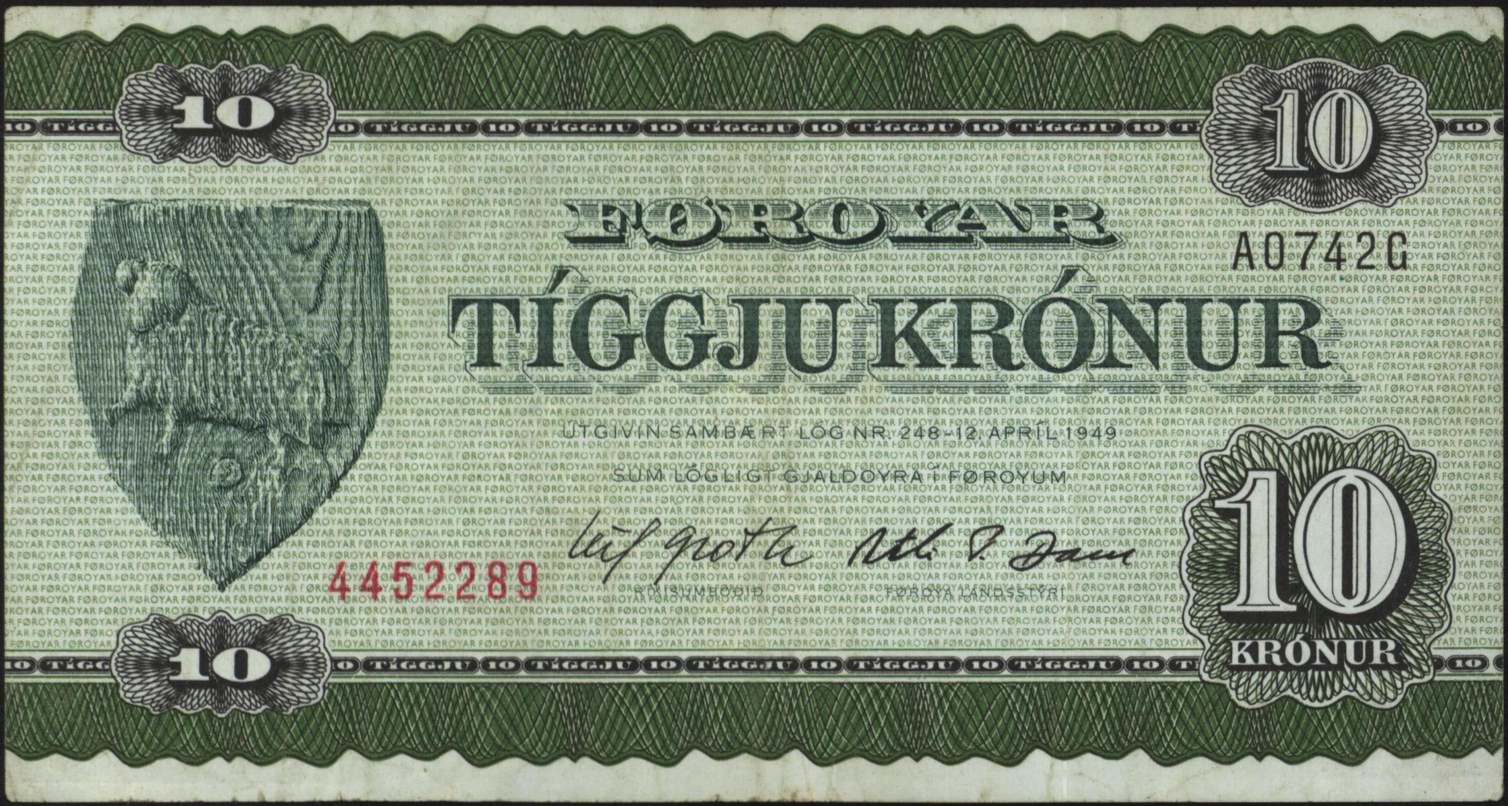 Faeroër eilanden  P18.a 10 Krónur 1949