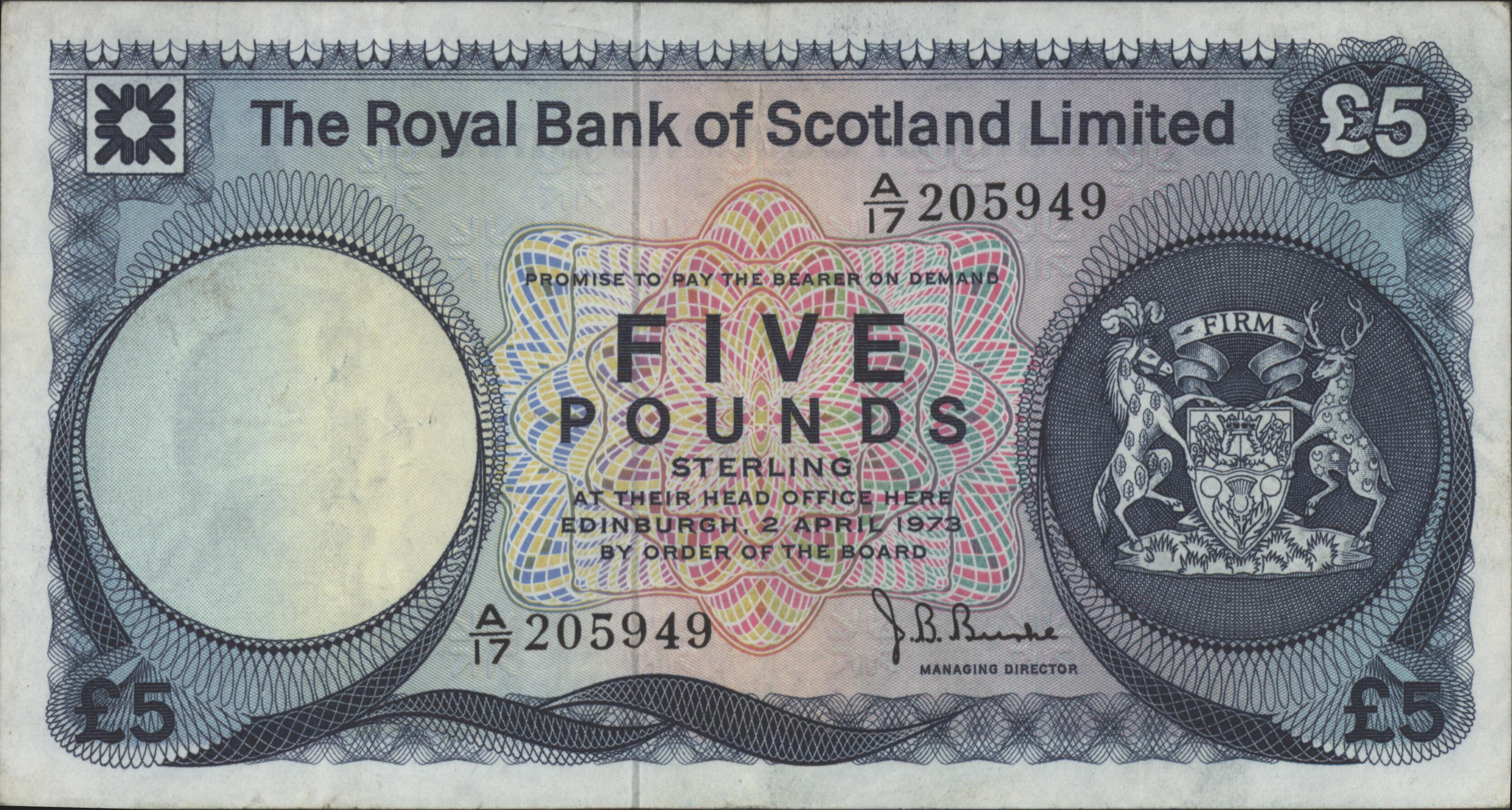 Royal Bank of Scotland ltd. P337.a 5 Pounds 1973