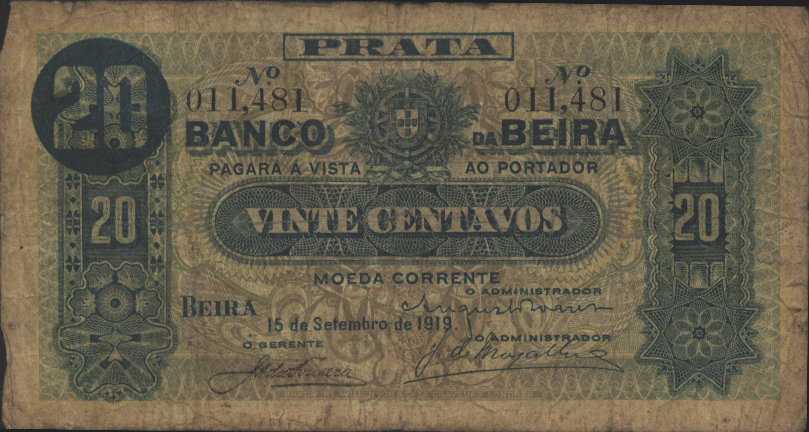 Moçambique - BANCO DA BEIRA   PR2.a 20 Centavos 1919