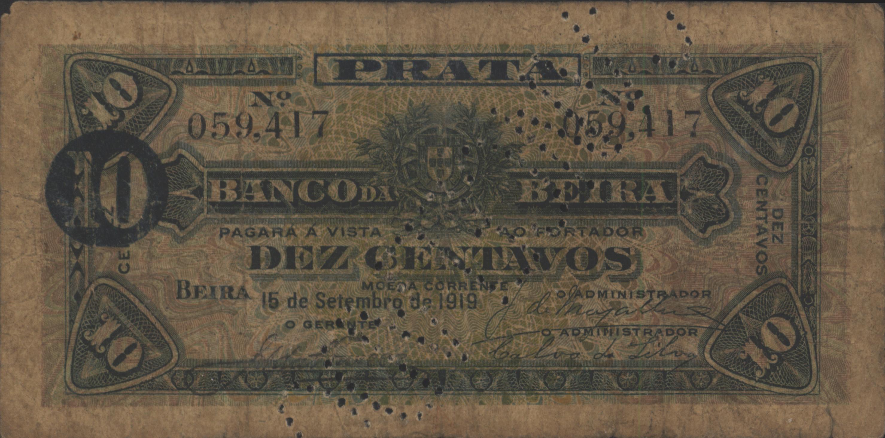 Moçambique - BANCO DA BEIRA PR1.b 10 Centavos 1919 GEANNULEERD