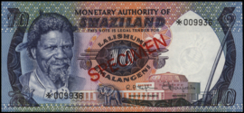 Swaziland   P4.a.PCS1 10 Emalangeni 1974 (No date) SPECIMEN