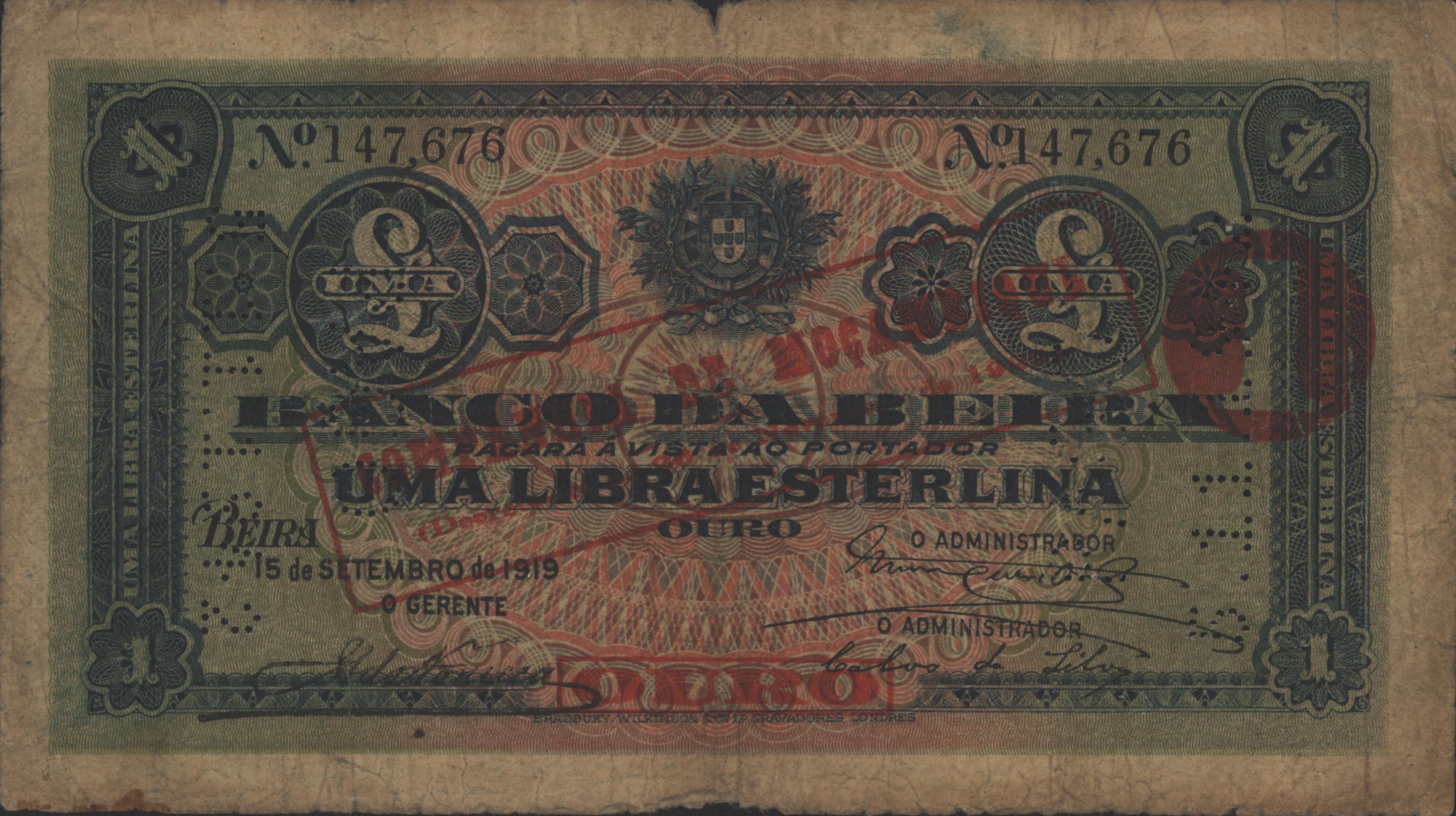 Moçambique - COMPANHIA DE MOÇAMBIQUE, BEIRA  PR19 1 Libra 1919 GEANNULEERD