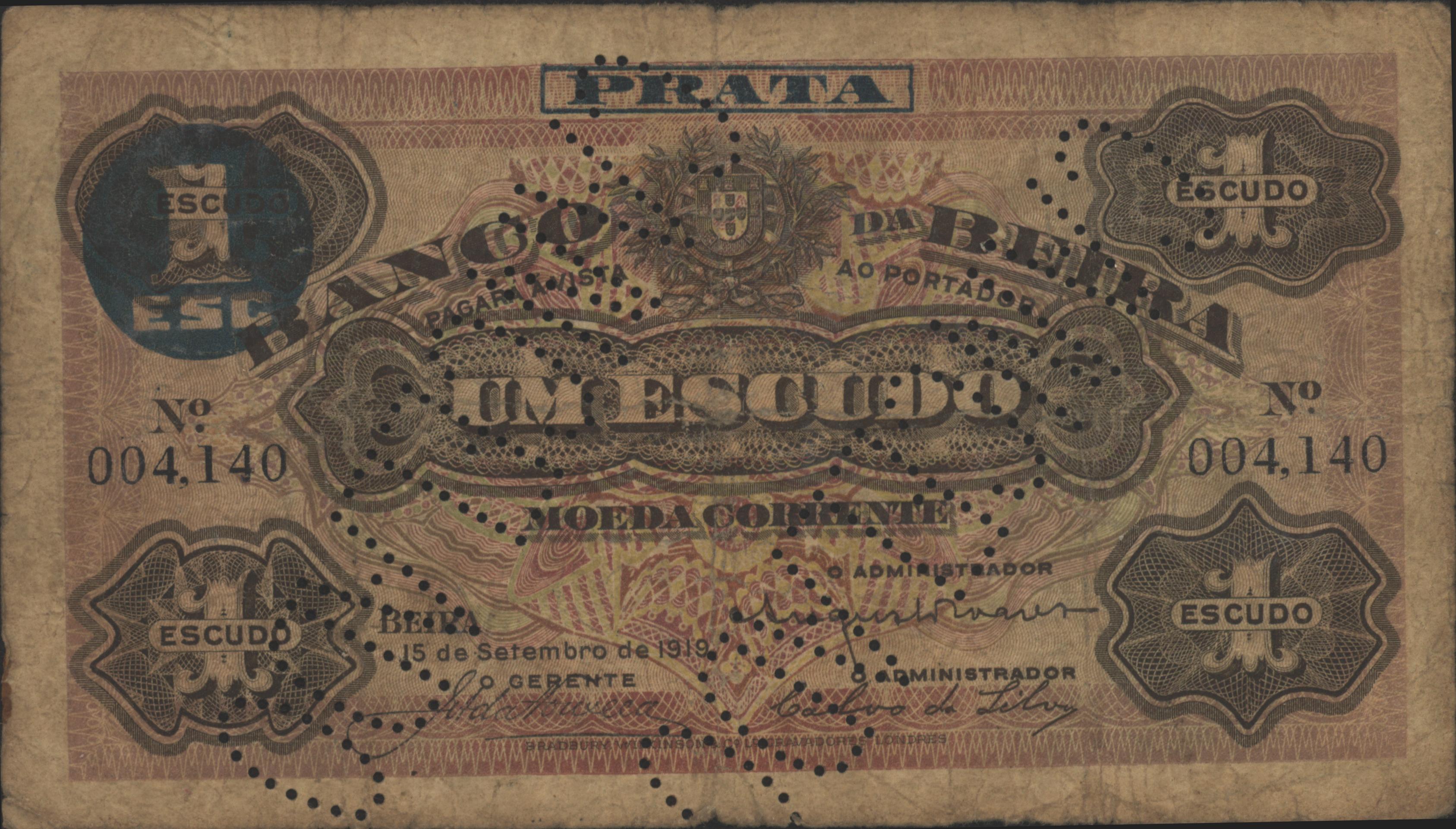 Moçambique - BANCO DA BEIRA  PR11A 1 Escudo 1919 GEANNULEERD