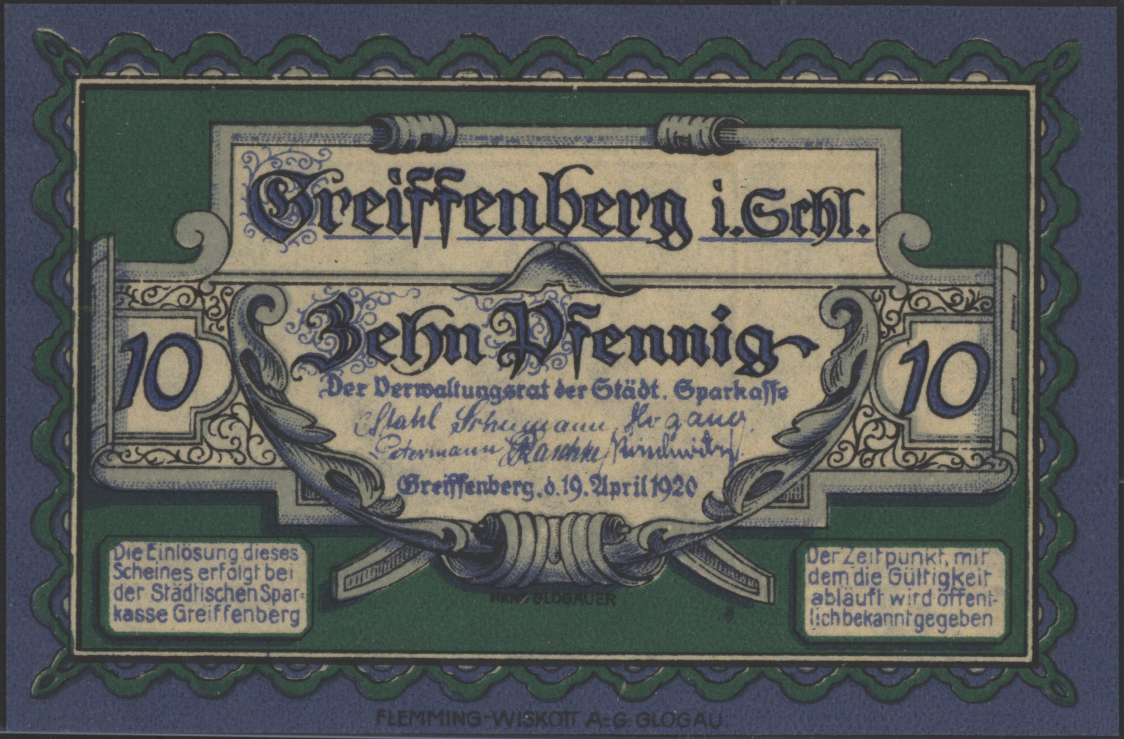 Duitsland - Noodgeld - Greiffenberg - (Sln/Polen: Gryfów Śląski) Stadtsparkasse Grab/Mehl.:470.1 10 Pfennig 1920