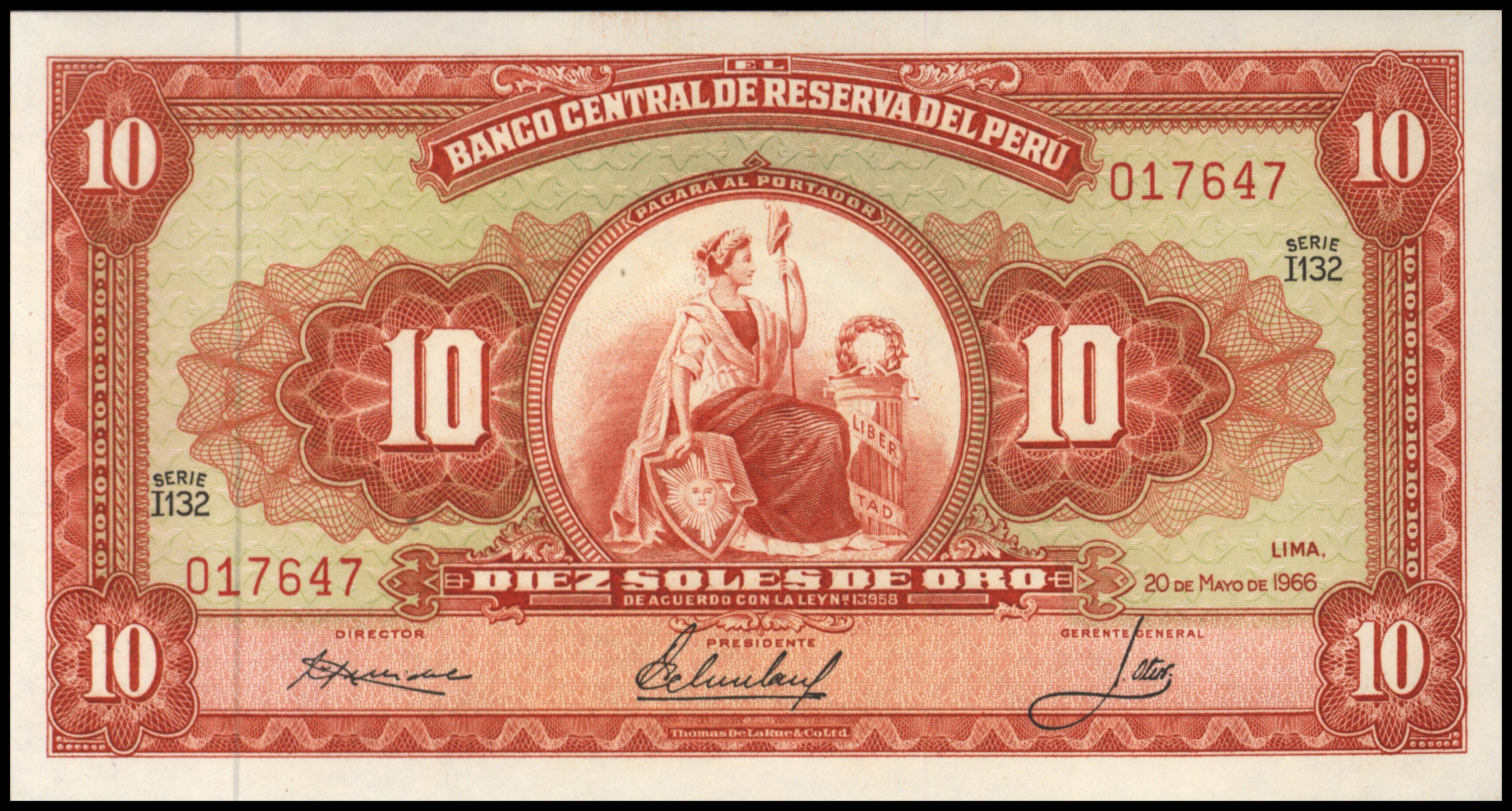 Peru  P84.a 10 Soles de oro 1966