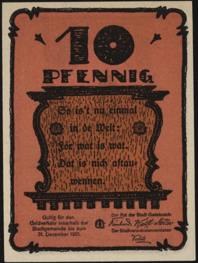 Duitsland - Noodgeld - Gadebusch - (MS / MV) Stadt Grab/Mehl.:404.1 10 Pfennig 1922