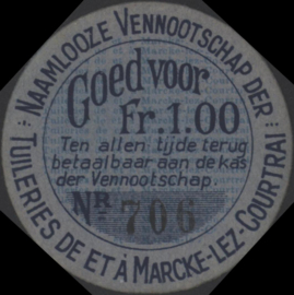 België - Noodgeld - Kortrijk   AB2.:Tuleries de et à Marcke 1 Frank 1940 (No date)