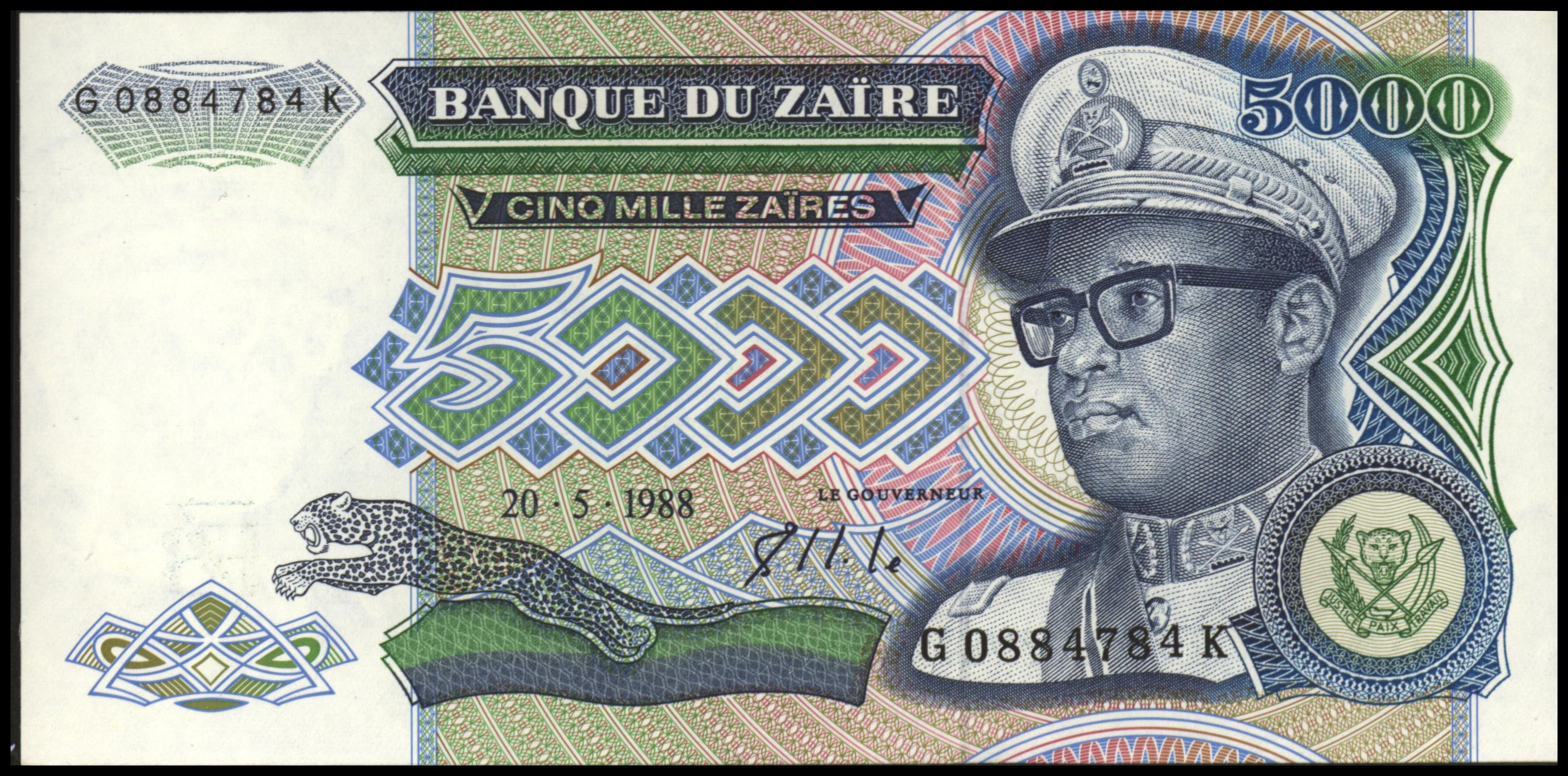 Zaïre (Congo Kinshasa)  P37.b 5.000 Zaïres 1988