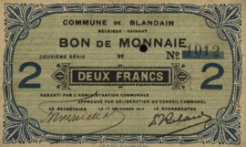 België - Noodgeld - Blandain  2 Francs 1914