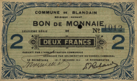 Belgium - Emergency issues - Blandain  2 Francs 1914