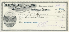 Nevada, Humboldt County Warrant, Indegent Fund, Winnemucca. 1919