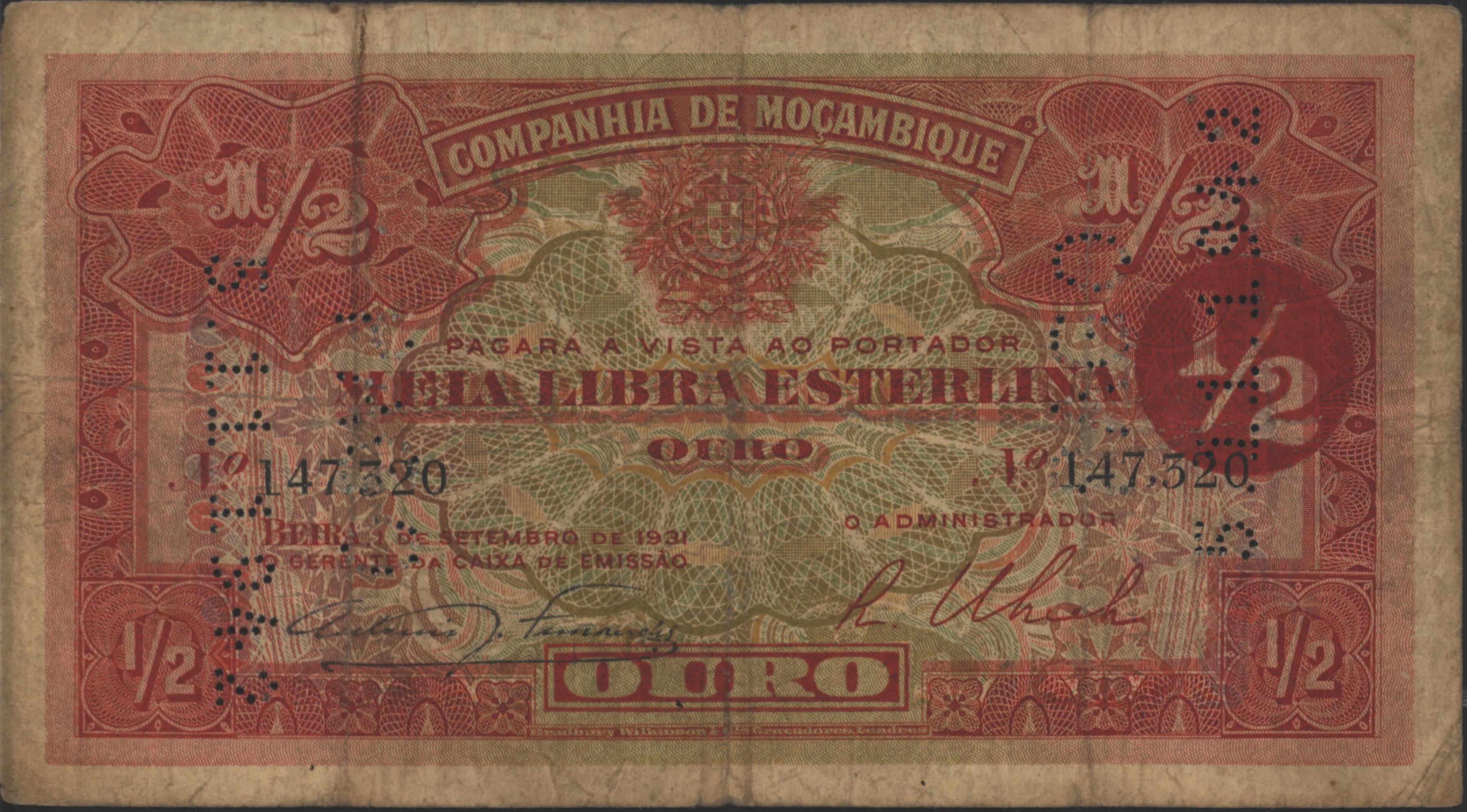 Moçambique - COMPANHIA DE MOÇAMBIQUE, BEIRA  PR27 1/2 Libra 1931 GEANNULEERD