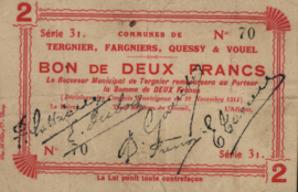 France - Emergency - Tergnier, Fargniers, Quessy & Vouel JPV-02.2233 2 Francs 1914