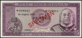 Tonga  P21.e SPECIMEN 5 Pa'anga 1978 SPECIMEN