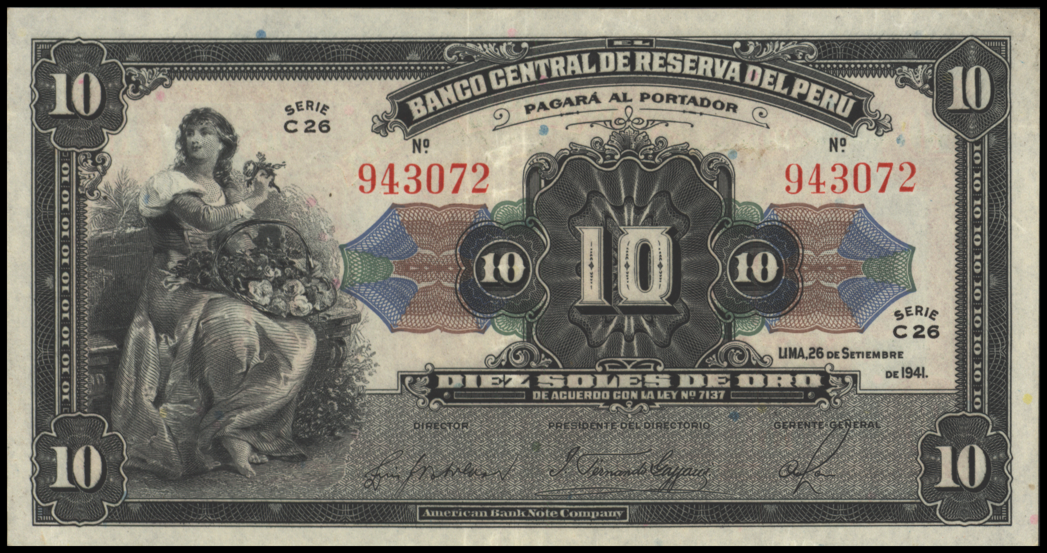 Peru  P67A.a 10 Soles de oro 1941