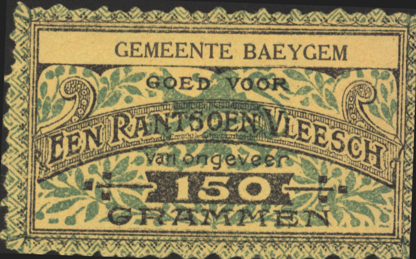 België - Noodgeld - Baeygem - Een rantsoen vleesch   NL0.Blauw op geel 150 Grammen 1914-'18 (No date)
