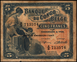 Congo Belgium  P13A.d 5 Francs 1947