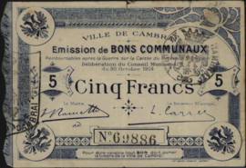 France - Emergency - Cambrai JPV-59.450 5 Francs 1914