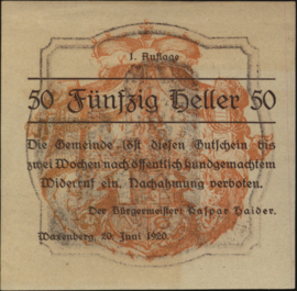 Austria - Emergency issues - Waxenberg KK. 1144 50 Heller 1920