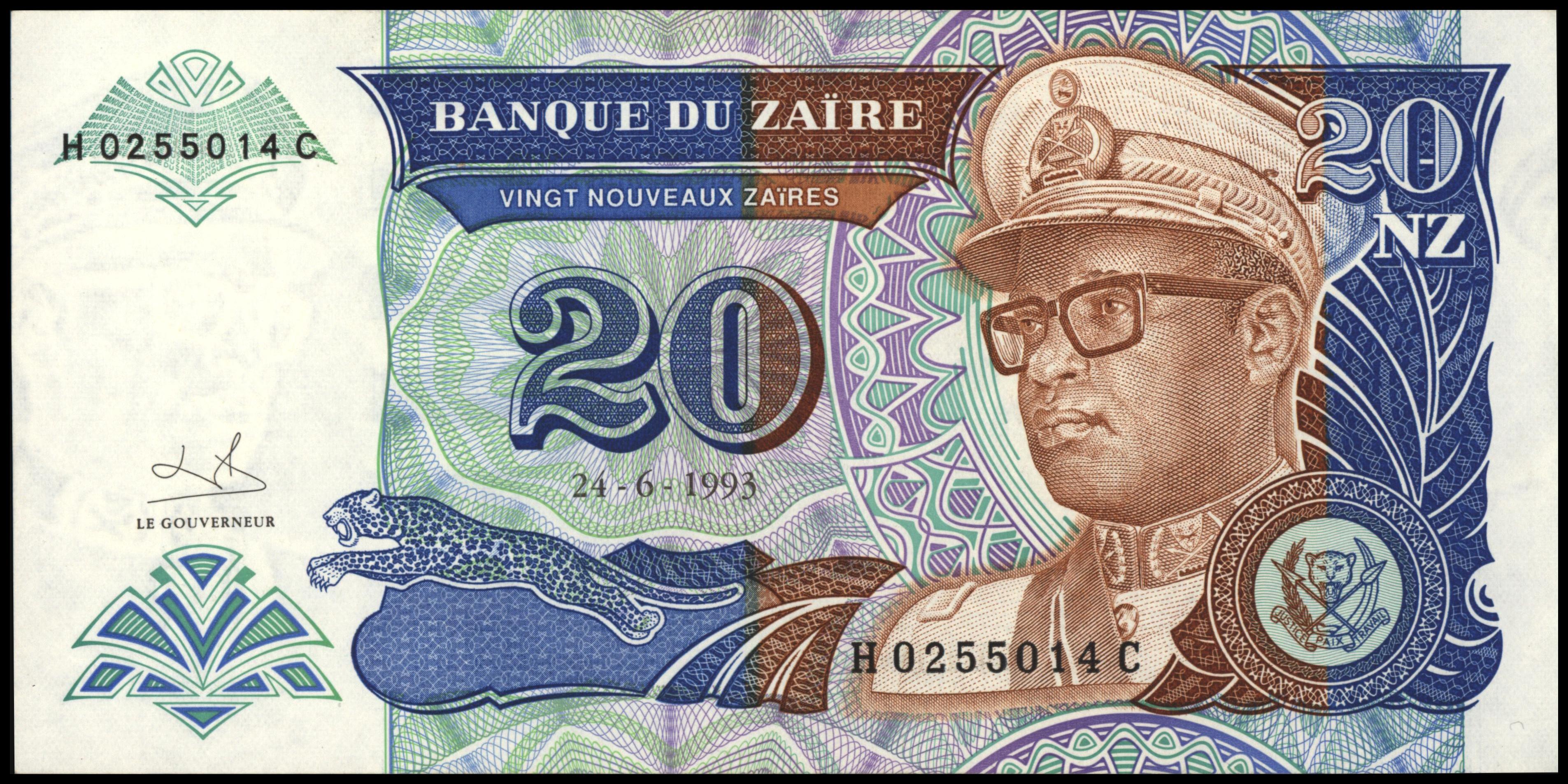 Zaïre (Congo Kinshasa)  P56 20 Nouveaux Zaïres 1993