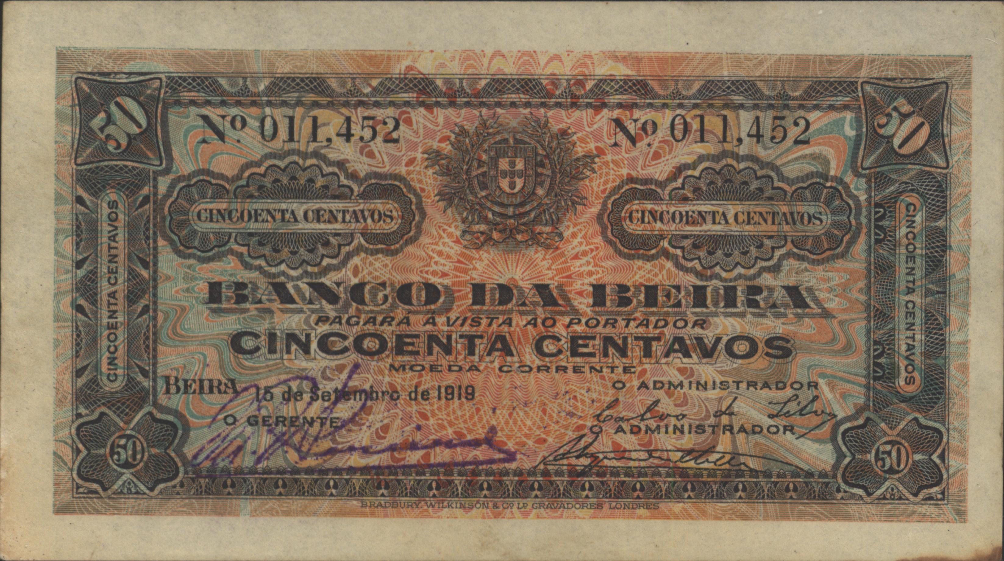 Moçambique - BANCO DA BEIRA   PR3.NL 50 Centavos 1919