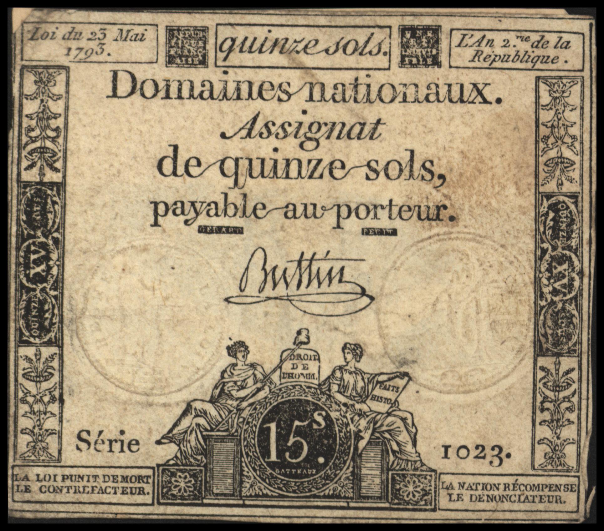 Frankrijk - Domaines Nationaux  PA69.b BUTTIN 15 Sols 1793