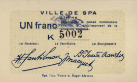 Belgium - Emergency issues - Spa  1 Franc 1916