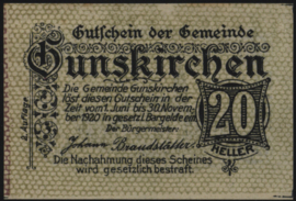 Oostenrijk - Noodgeld - Gunskirchen KK: 309.I.c 20 Heller 1921